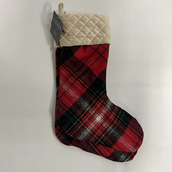 Ralph Lauren Tartan Plaid Christmas Stocking Wool Set Of 2 Red Black Holiday New - Picture 1 of 5